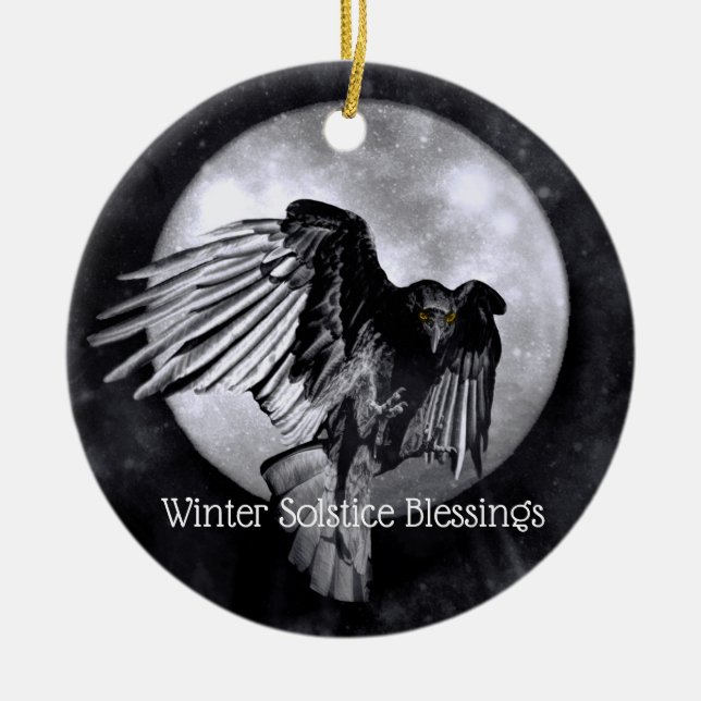 Winter Solstice Blessing Raven And Moon Pagan  Ceramic Tree Decoration (Front)