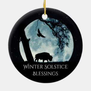 Winter Solstice Buffalo Moon and Raven  Ceramic Tree Decoration