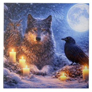 Winter Solstice Candles Wolf Raven and Owl Tile