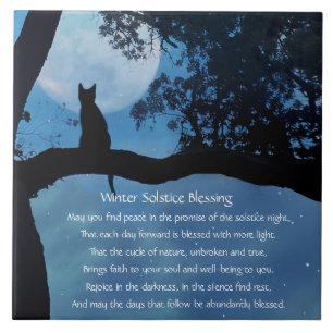 Winter Solstice Cute Cat in Tree and Moon Poem Cer Tile