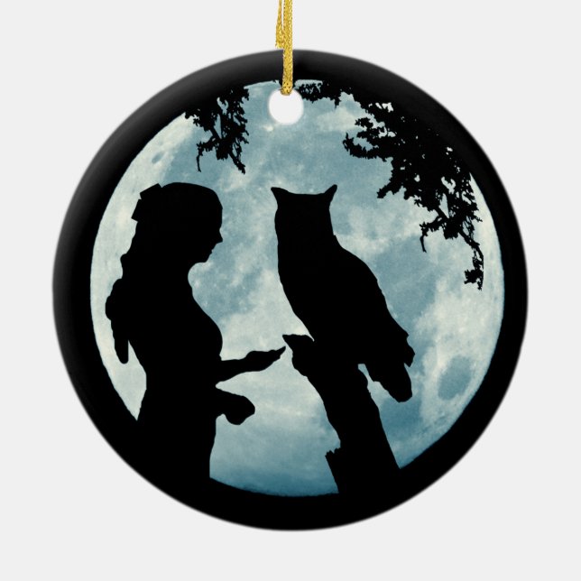 Winter Solstice Girl and Owl Moon Ceramic Tree Decoration (Back)