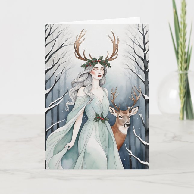 Winter Solstice Goddess & Deer in the Forest Holiday Card (Front)
