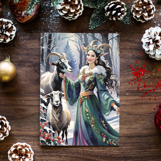 Winter Solstice Goddess Yule Goats in Forest Holiday Card (Creator Uploaded)
