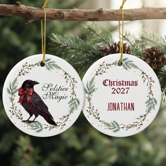 Winter Solstice Gothic Raven Decor Ceramic Tree Decoration (Ceramic raven ornament for dark academia enthusiasts celebrating the winter solstice.)
