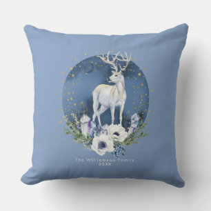 Winter Solstice Holiday Deer Blue White Christmas  Cushion