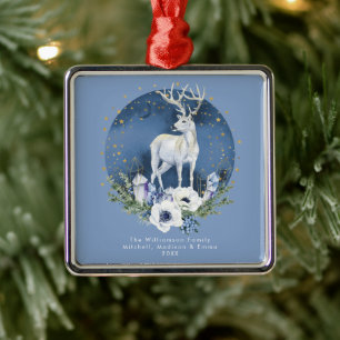 Winter Solstice Holiday Deer Blue White Christmas Metal Tree Decoration