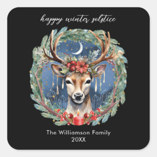 Winter Solstice Holiday Deer Wreath Yule Christmas Square Sticker