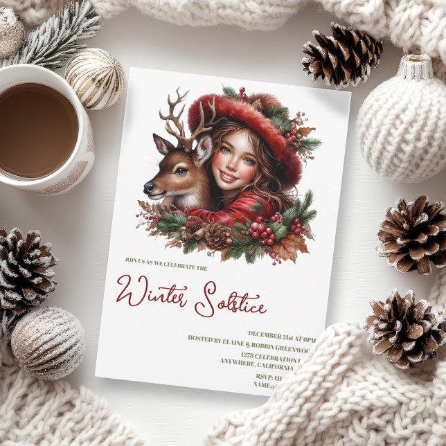 Winter Solstice Holly Girl & Deer Holiday Forest Invitation (Winter Solstice Holly Girl & Deer Holiday Forest Invitation)