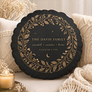 Winter Solstice Holly Wreath Family Round Cushion