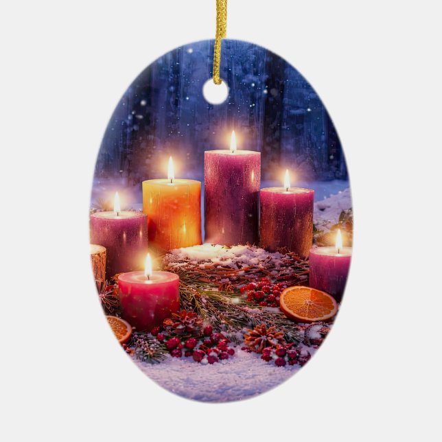 Winter Solstice Pretty Candles in the Snow Ceramic Tree Decoration (Front)