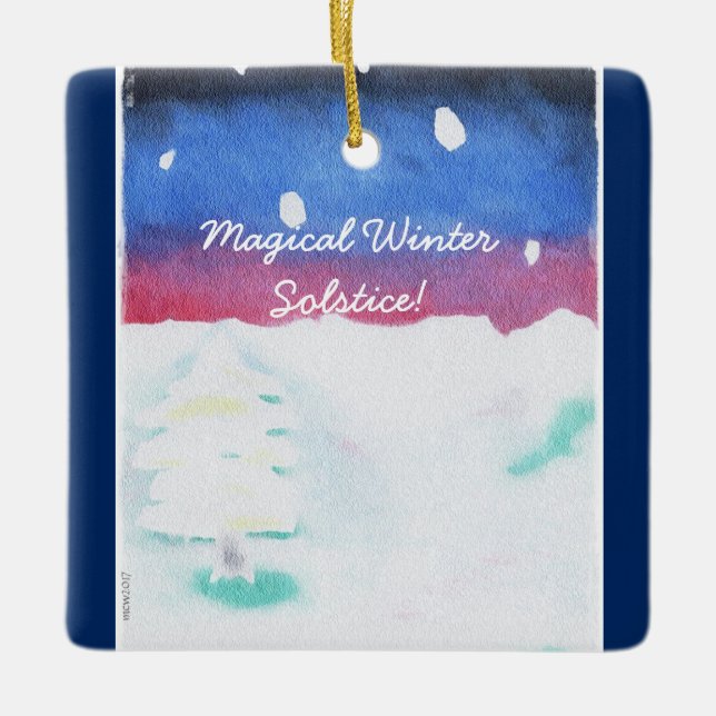 Winter Solstice Snowy Scene Yule Ceramic Ornament (Front)
