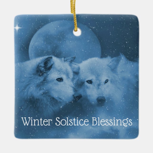 Winter Solstice Wolves in the Snow with Moon Bless Ceramic Ornament (Front)
