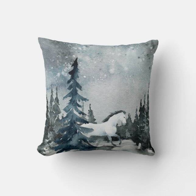Winter Solstice Woodland Forest White Horse Cushion (Front)