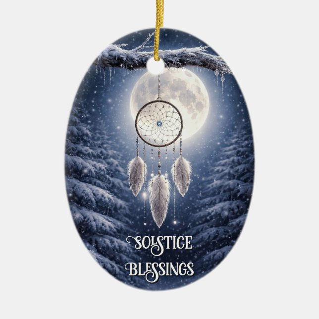 Winter Solstice Yule Inspired Dreamcatcher  Ceramic Tree Decoration (Front)
