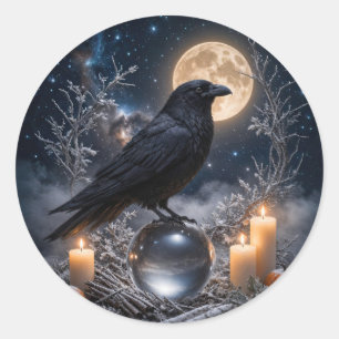 Winter Solstice Yule Raven and Snow Classic Round Sticker