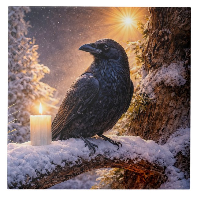 Winter Solstice Yule Raven and Snow  Tile (Front)