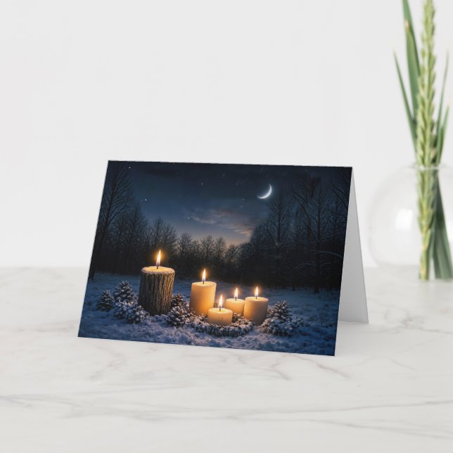 Winter Solstice Yule with Candles in Snow Night Card (Front)