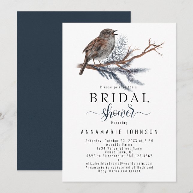 Winter Song Watercolor Bird Branch Bridal Shower Invitation (Front/Back)