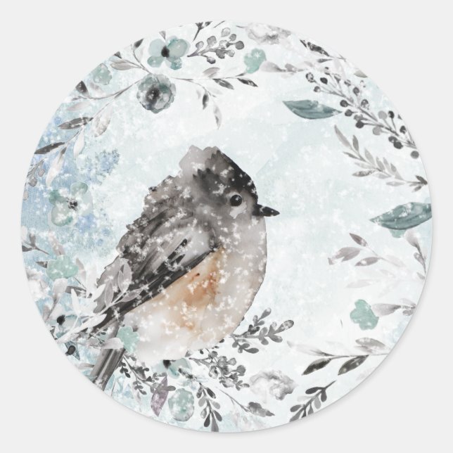 Winter Sparrow Dusty Blue Greenery Wreath Classic Round Sticker (Front)