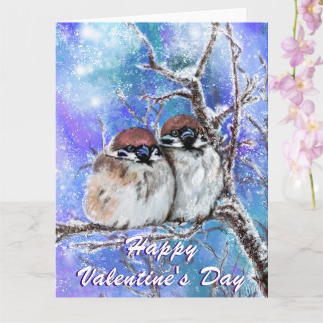 Winter Sparrows Couple Valentine's Day Card (Orchid)