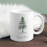 Winter Splendour Pine Tree Personalised Christmas Coffee Mug<br><div class="desc">Designed to match our Winter Splendour holiday party collection,  this festive and elegant mug features your custom text or name,  topped by a watercolor pine tree in muted hunter green with golden stars.</div>