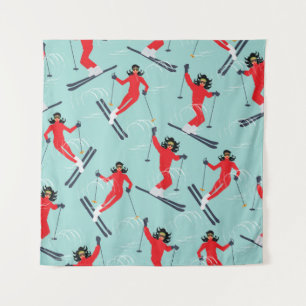 Winter sport seamless pattern. Young beautiful wom Tapestry