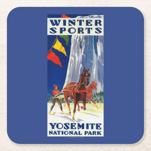 Winter Sports at Yosemite PosterYosemite, CA Square Paper Coaster (Front)