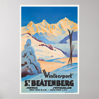 Winter Sports in Beatenberg Switzerland Vintage Poster