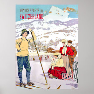 Winter sports in Switzerland, vintage travel Poster