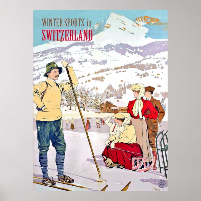 Winter sports in Switzerland, vintage travel Poster (Front)