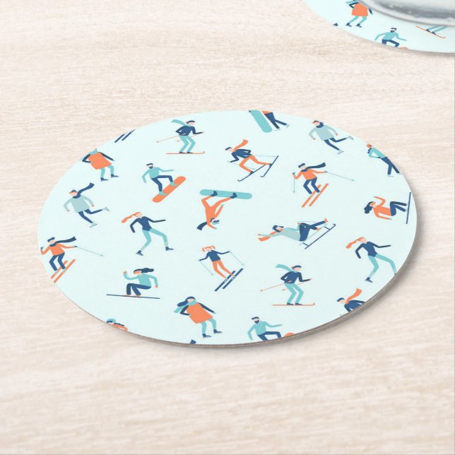 Winter Sports Pattern Round Paper Coaster (Angled)