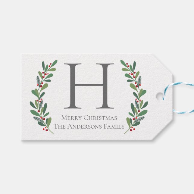 Winter Sprigs Monogram Christmas Gift Tag (Front (Horizontal))