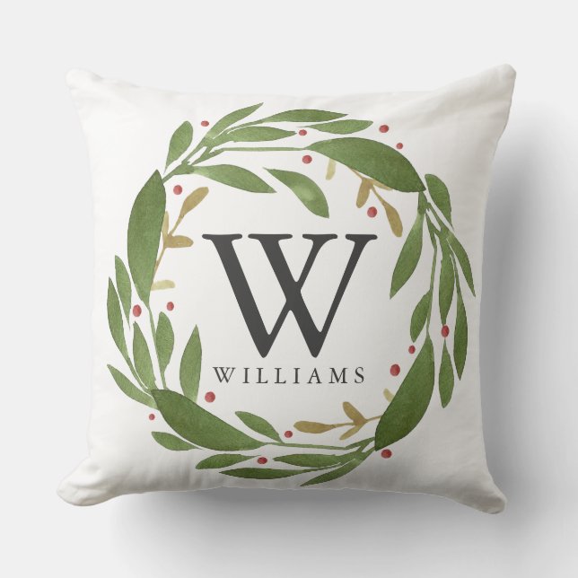 Winter Sprigs Monogrammed Christmas Pillow (Front)