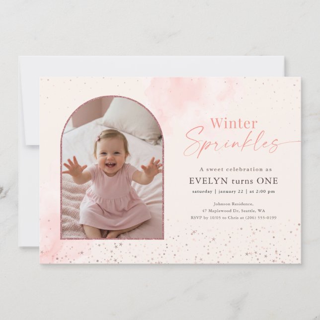 Winter Sprinkles Baby Arch Photo First Birthday Invitation (Front)