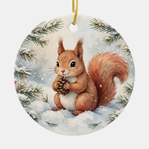 Winter Squirrel Gift Watercolor Snowy Pine Cone Ar Ceramic Tree Decoration