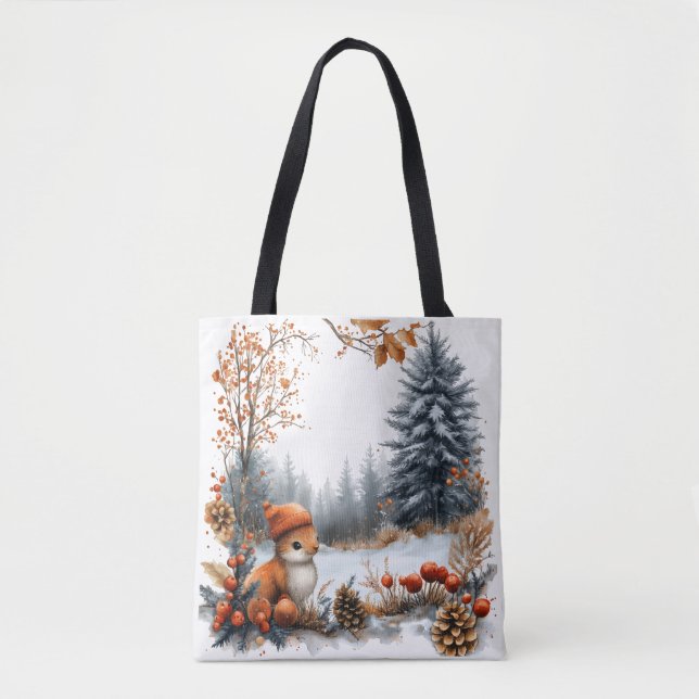 Winter Squirrel in Frosted Forest Tote Bag (Front)