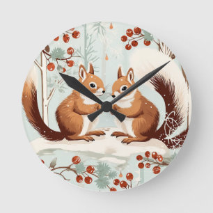 Winter Squirrel Love Round Clock