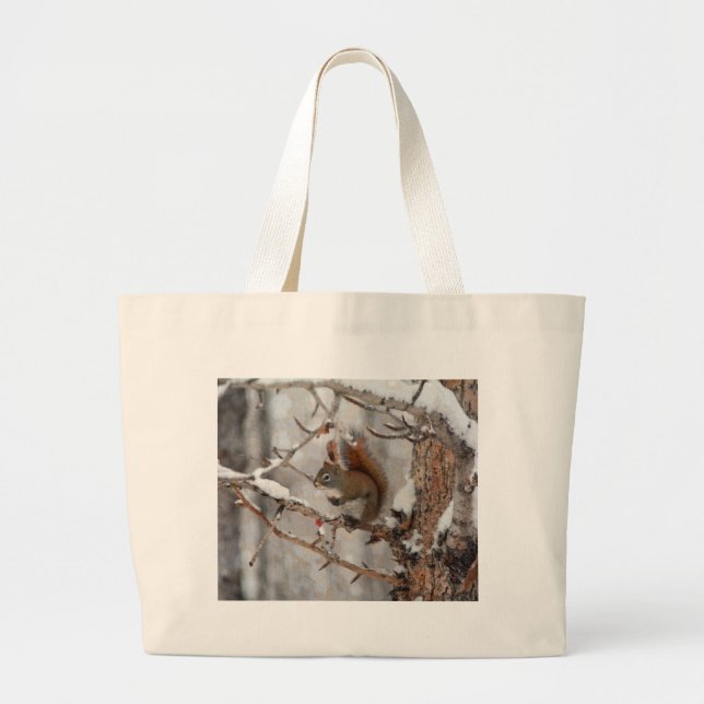 Winter Squirrel, Snow & Red Berries Xmas Design Large Tote Bag (Front)