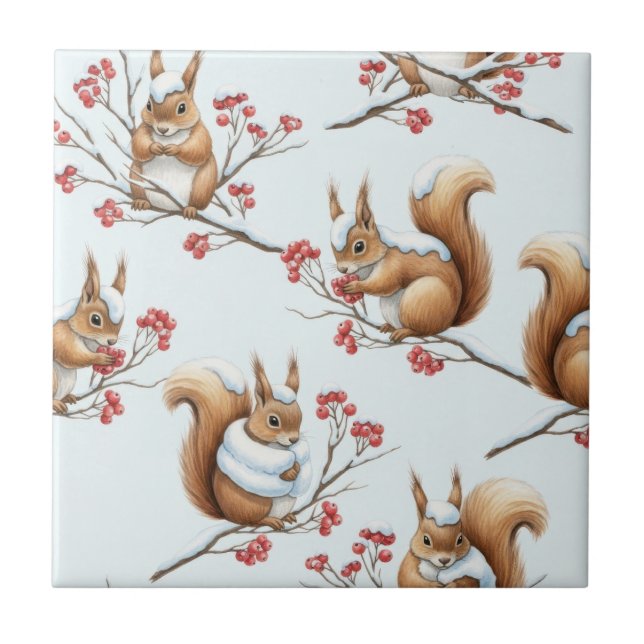 Winter Squirrels Among Snowy Branches Tile (Front)