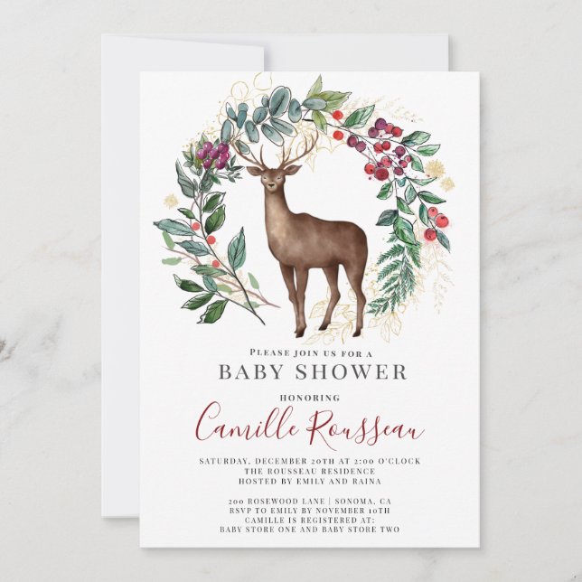 Winter Stag Holly Wreath Baby Shower Invitation (Front)