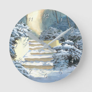 Winter Stairs Covered in snow Round Clock