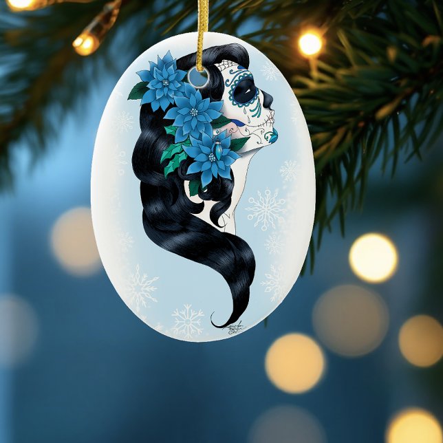 Winter Sugar Skull Blue Snowflakes Ceramic Tree Decoration (Creator Uploaded)