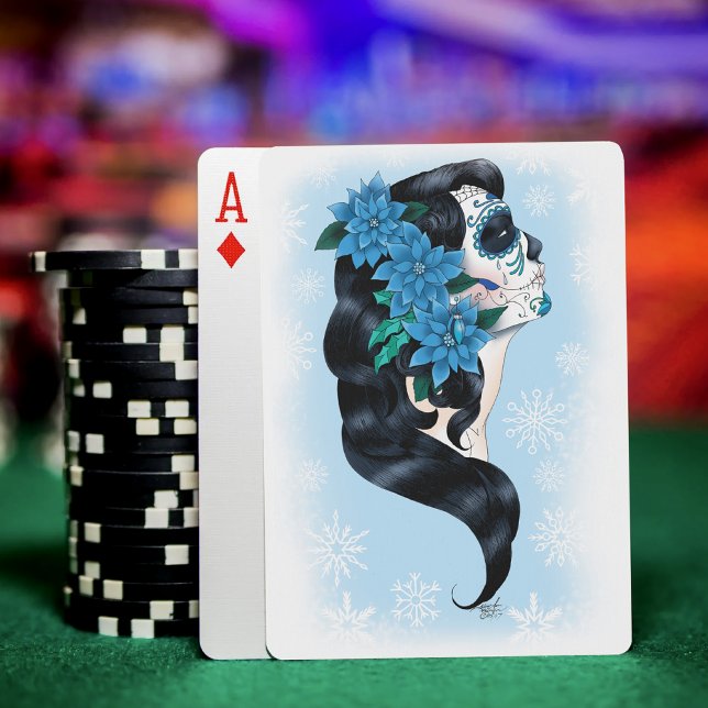 Winter Sugar Skull Blue Snowflakes Playing Cards (Creator Uploaded)
