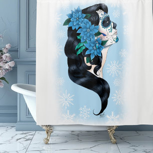 Winter Sugar Skull Blue Snowflakes Shower Curtain