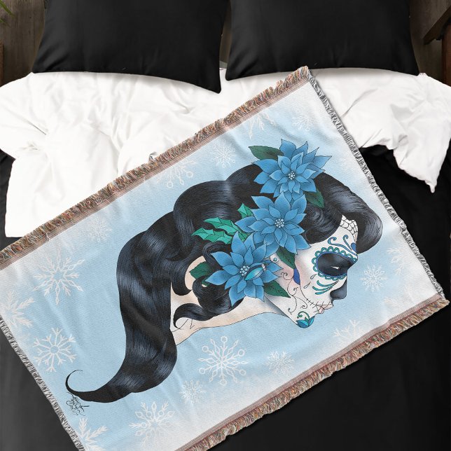 Winter Sugar Skull Blue Snowflakes Throw Blanket (Creator Uploaded)