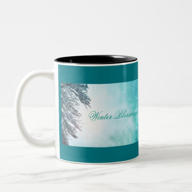 Winter Sun and Snow "Winter Blessings" Two-Tone Coffee Mug (Left)