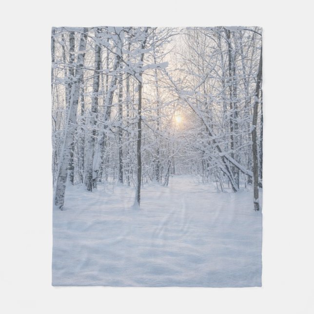 Winter Sunlight in Quiet Birch Forest Fleece Blanket (Front)
