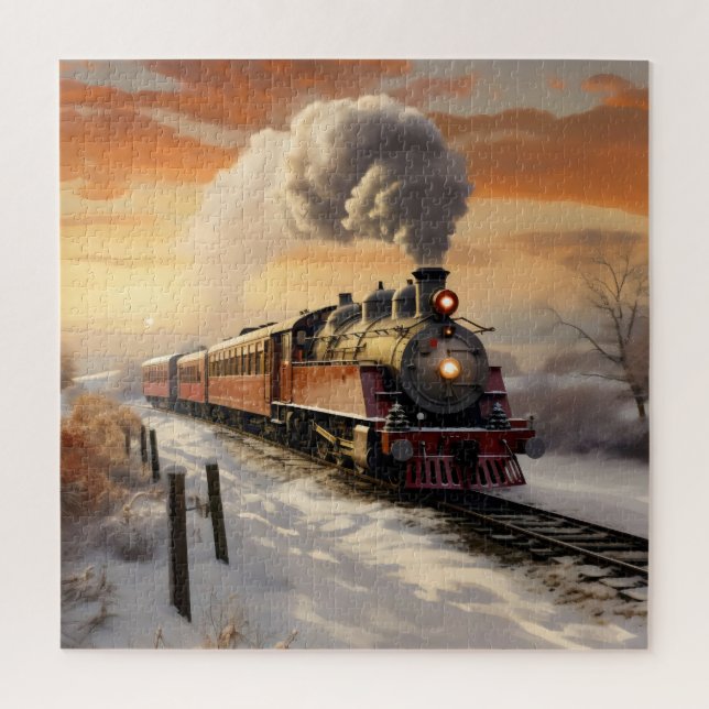 Winter Sunset and Train Jigsaw Puzzle (Vertical)