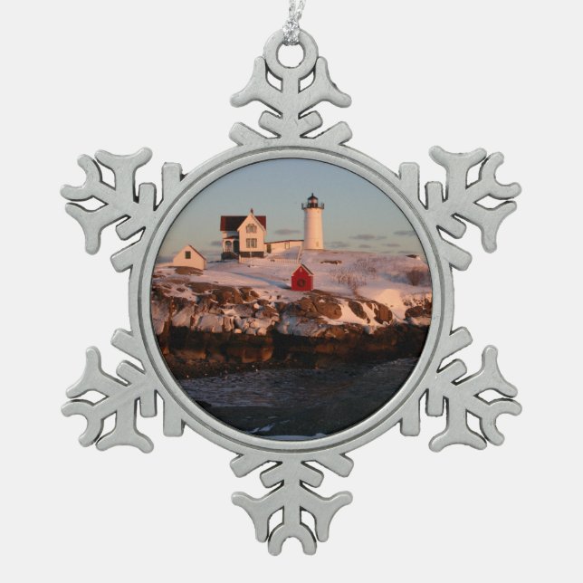 Winter Sunset at Nubble Light Snowflake Pewter Christmas Ornament (Front)