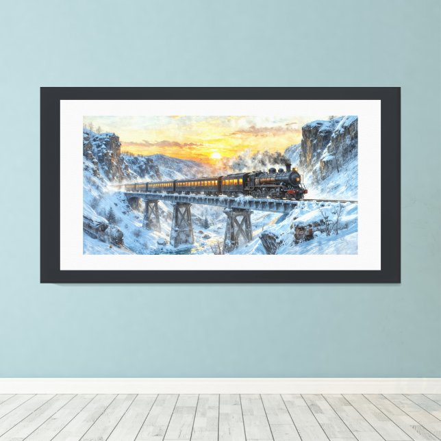 Winter Sunset – Steam Train On a Snowy Bridge Canvas Print (Insitu(Wood Floor))